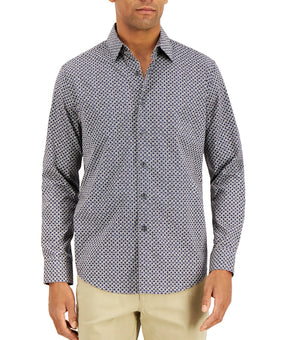 Tasso Elba Men's Stretch Medallion-Print Poplin Shirt Navy Blue Combo Size S