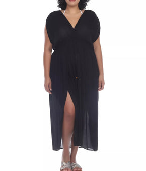 Raviya Black, Plus Size Front Slit Cover-up Maxi Dress, US Size 1X
