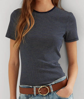 Lauren Ralph Lauren Striped Stretch Cotton T-Shirt French Navy Cream Size L $45
