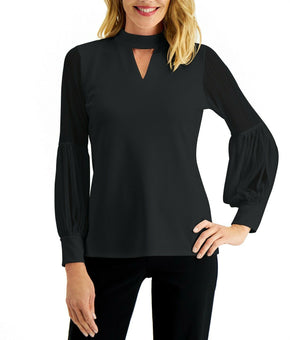 JM Collection Women Sheer-Sleeve Top Black Size S