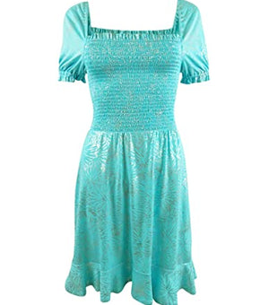Michael Michael Kors Women's Foil-Print Smocked Peasant Dress (XL, Turquoise)
