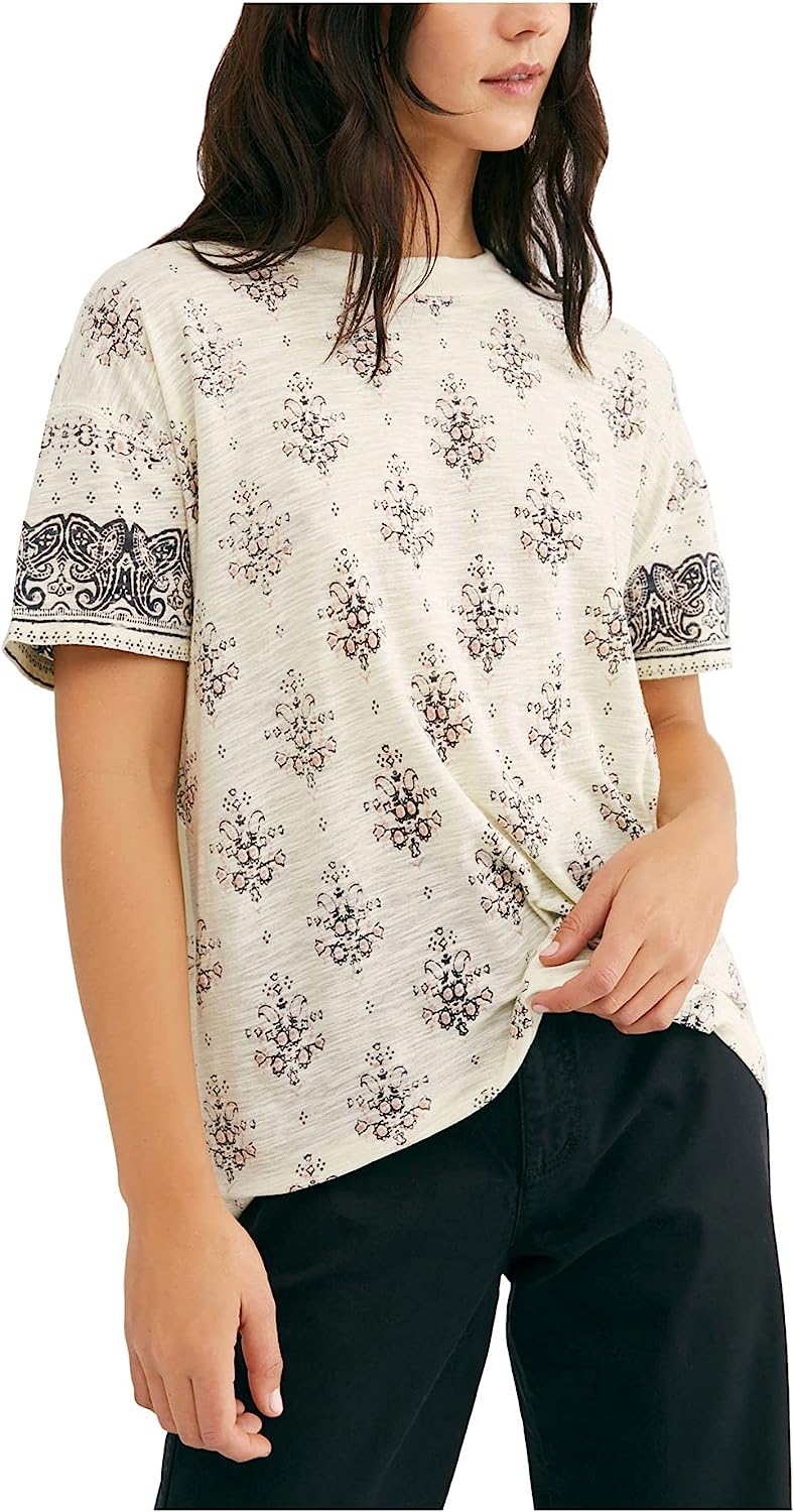 Free People We The Free Womens Yellow Printed Short Sleeve Ivory Top SIze XS