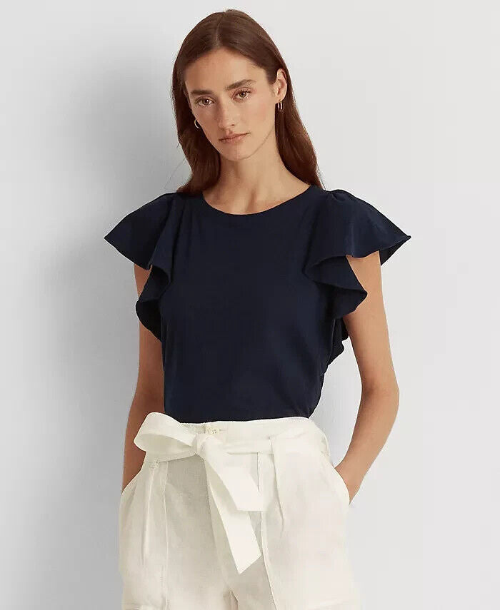 Lauren Ralph Lauren Ruffle-Sleeve Slub Jersey T-Shirt Navy Blue Size M MSRP $70