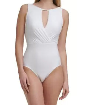 CALVIN KLEIN Women's White Tummy Control Keyhole High Neck One Piece Swimsuit Size 4