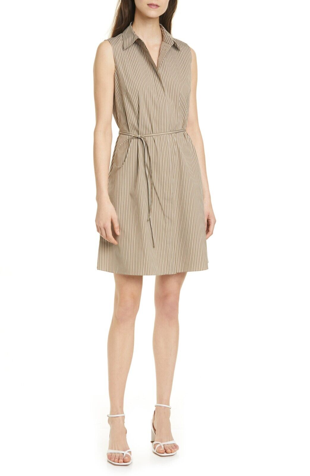 Theory Womens White Stripe Poplin Shirtdress Brown Beige Size 8 MSRP $365