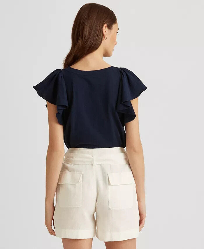 Lauren Ralph Lauren Ruffle-Sleeve Slub Jersey T-Shirt Navy Blue Size M MSRP $70