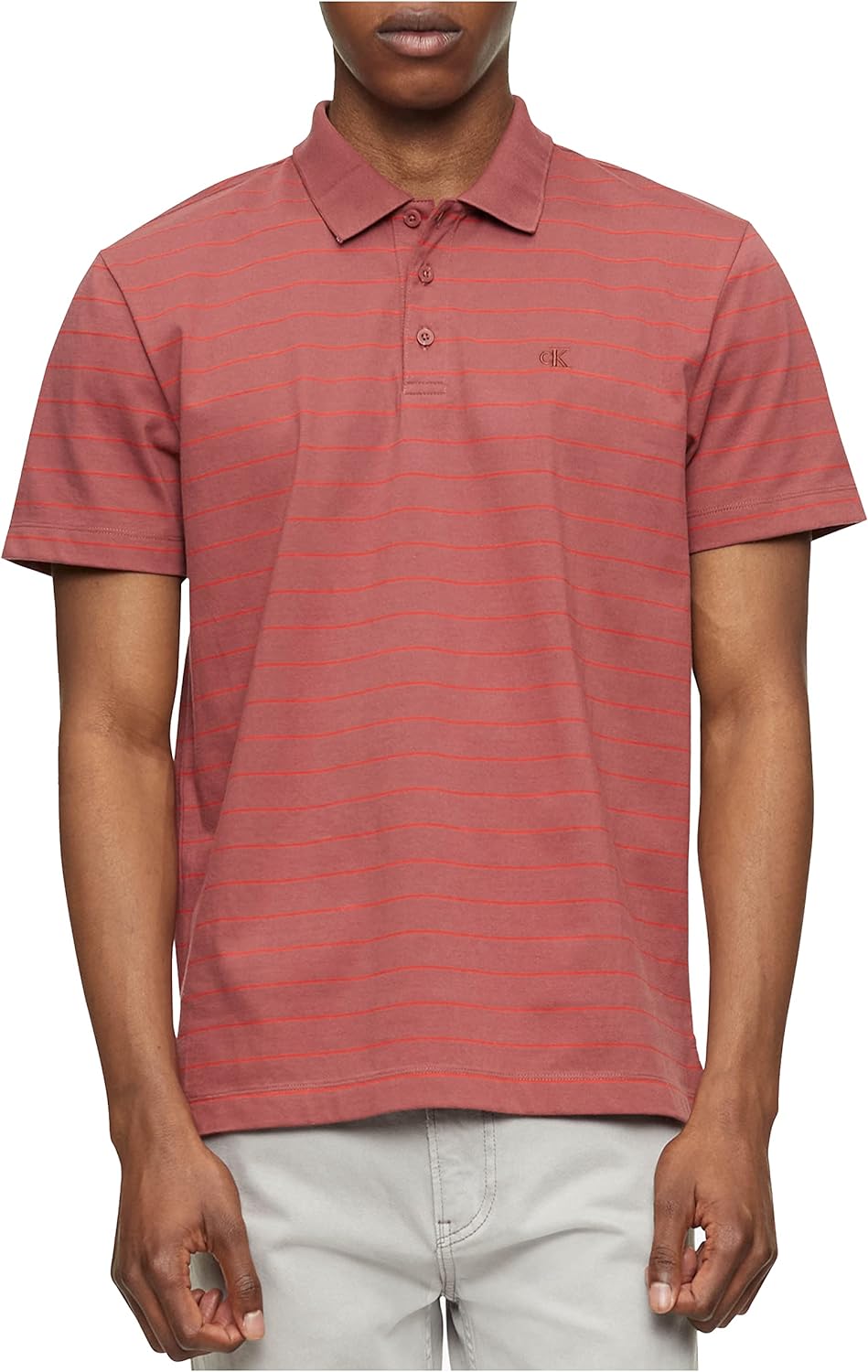 Calvin Klein Men's Smooth Cotton Striped Monogram Logo Polo Shirt, Red Size XS