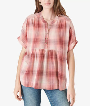 LUCKY BRAND Plaid Popover Top Blouse Pink Size XXL MSRP $80