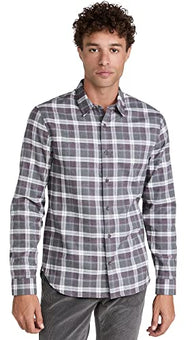 Vince Men's Melange Plaid Shirt, Med H Grey, XXL