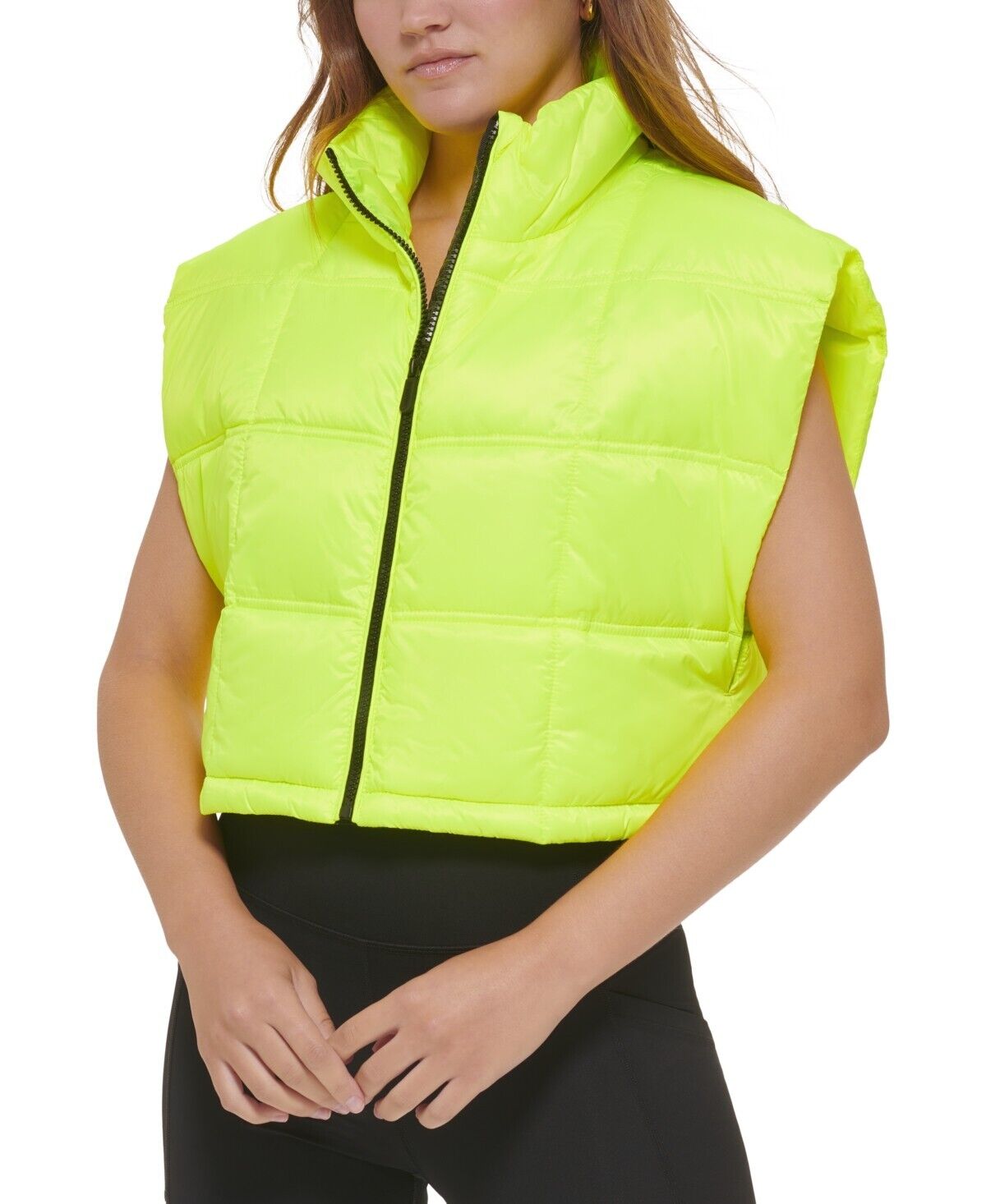 Calvin Klein Women's Cropped Mock-Neck Zip-up Vest Neon Green Size M MSRP $80