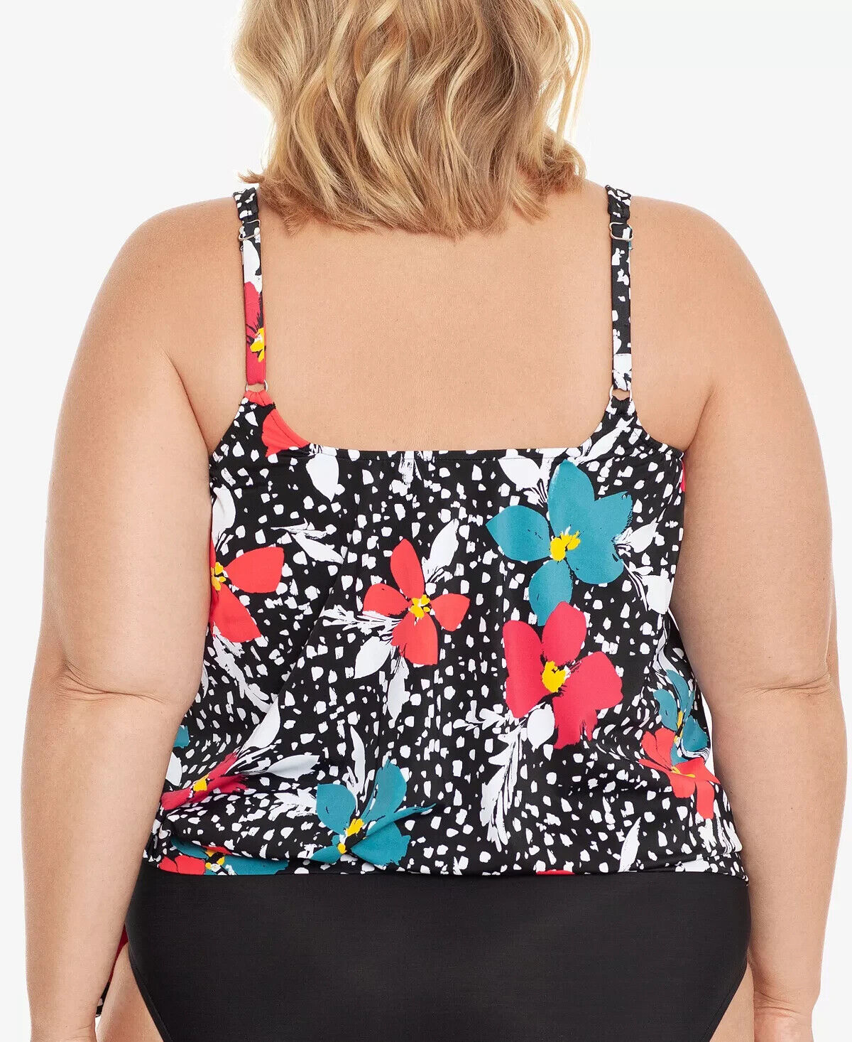 SWIM SOLUTIONS Plus Size Celebration Tie Side Blouson Tankini Top 26W Black