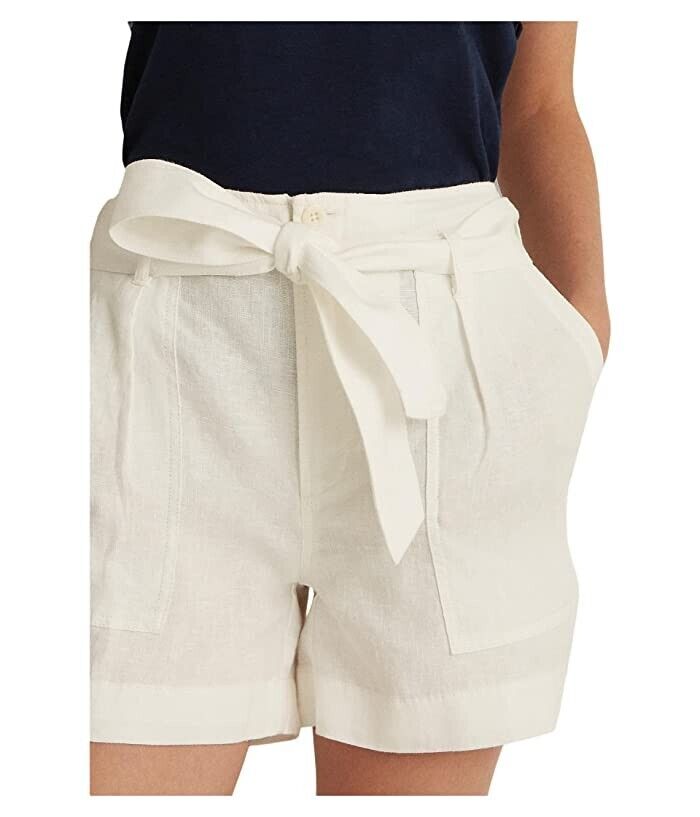 Lauren Ralph Lauren Belted Linen Shorts White Petite Size 4P MSRP $80