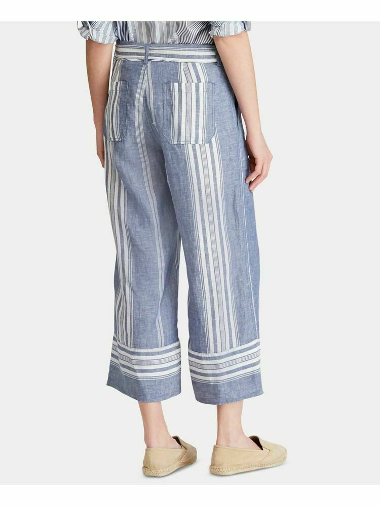 RALPH LAUREN Womens Blue Belted Striped Wide Leg Pants Size: 10 MSRP $125