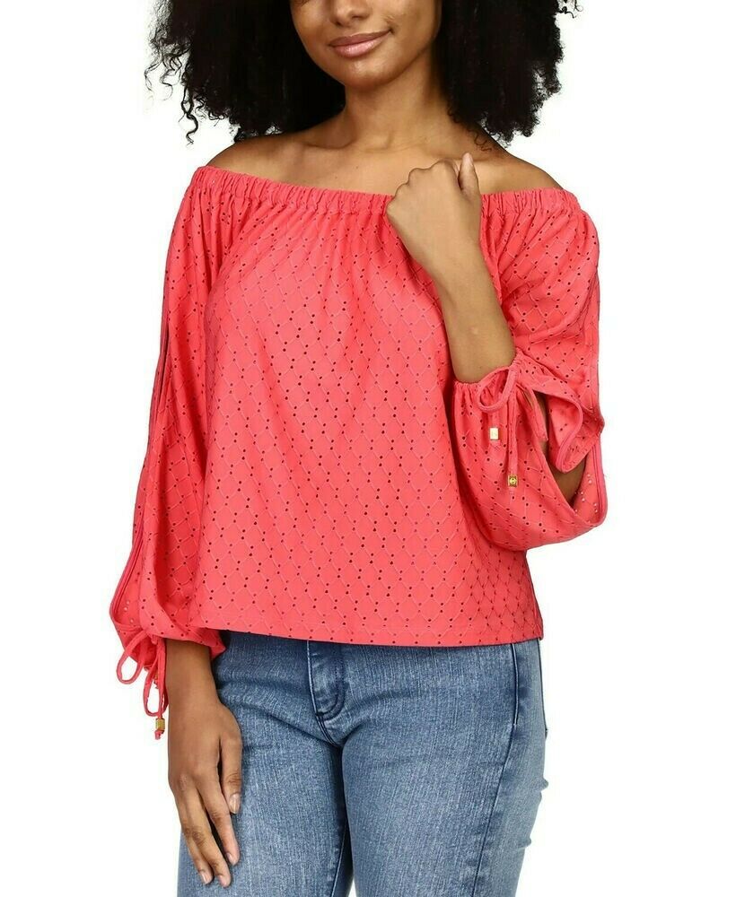 Michael Kors Eyelet-Embroidered Split-Sleeve Top Pink Size L MSRP $84