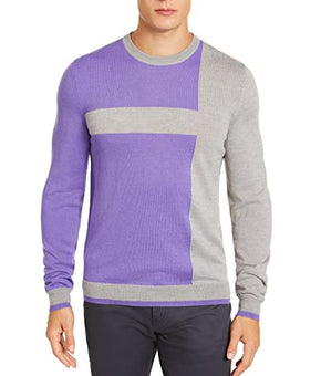 Alfani Men's Merino Blend Blocked Crewneck Sweater Smoke HTHR CBO XXL Purples
