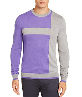 Alfani Men's Merino Blend Blocked Crewneck Sweater Smoke HTHR CBO XXL Purples