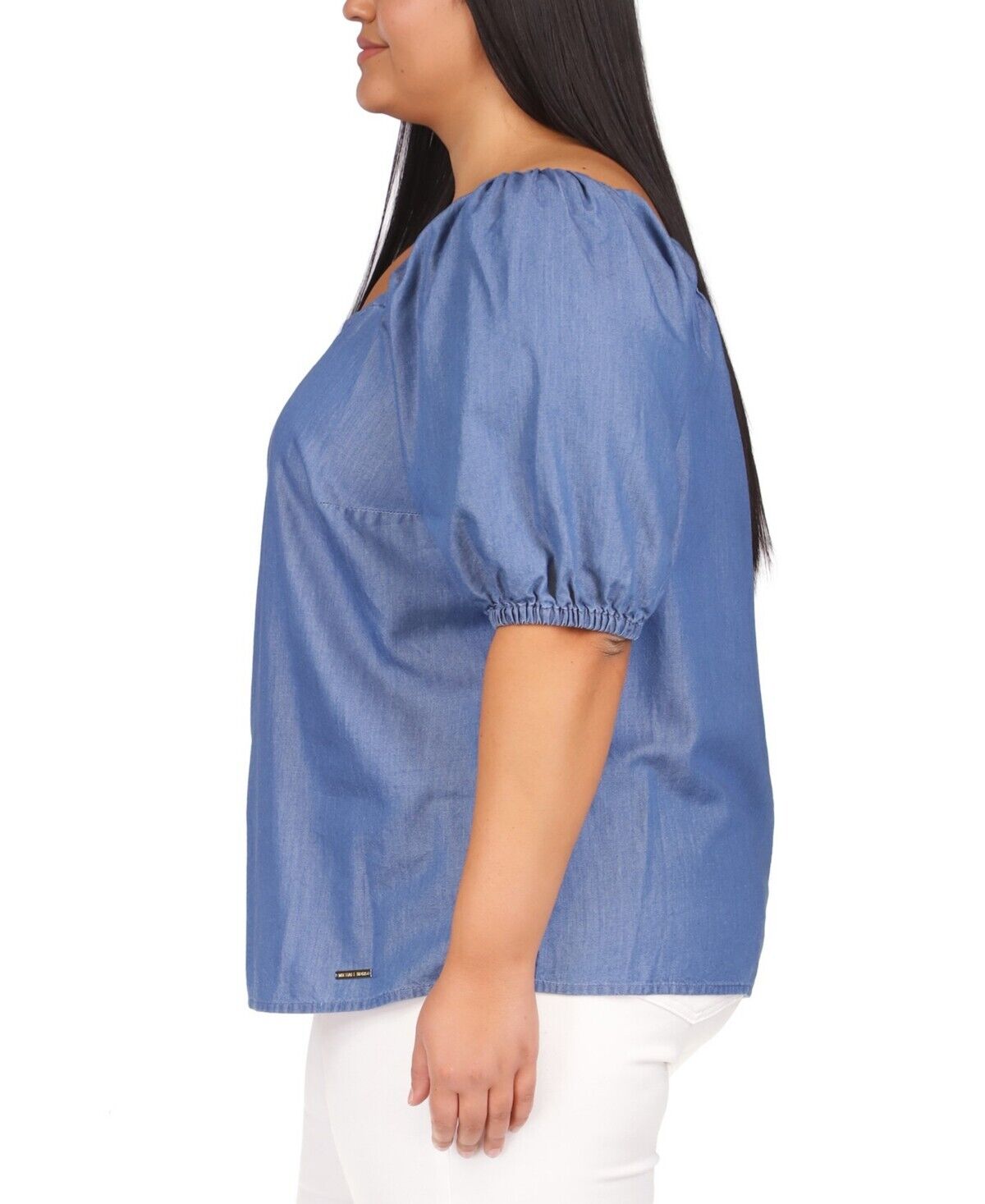 Michael Kors Square-Neck Puff-Sleeve Top Blue Plus Size 3X MSRP $98