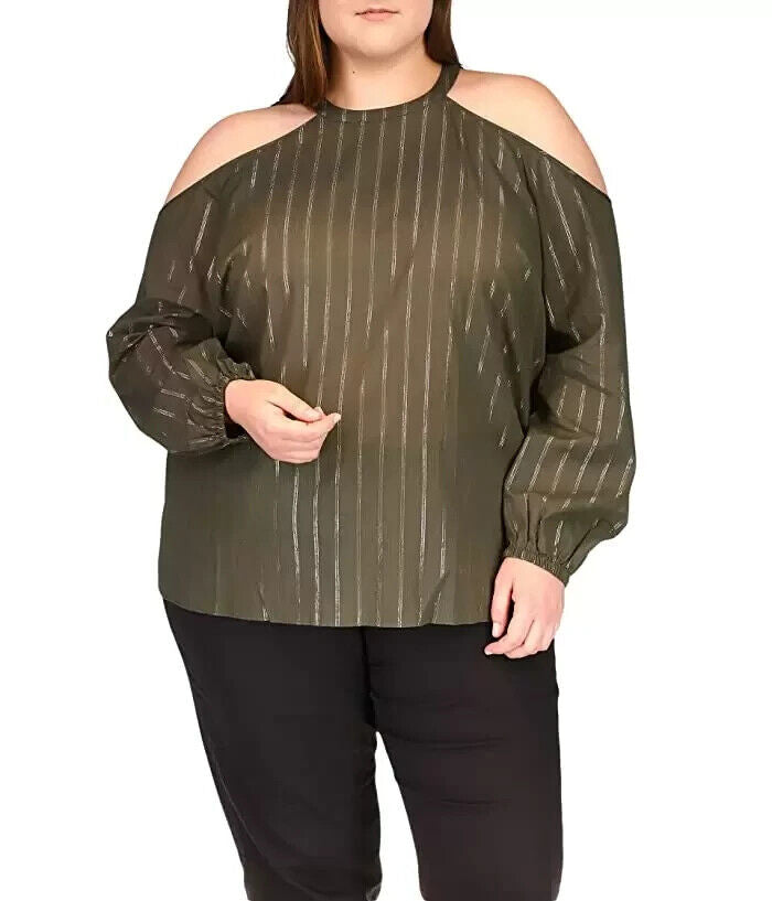 Michael Kors Metallic-Stripe Cold-Shoulder Top Green Plus Size 4X MSRP $88