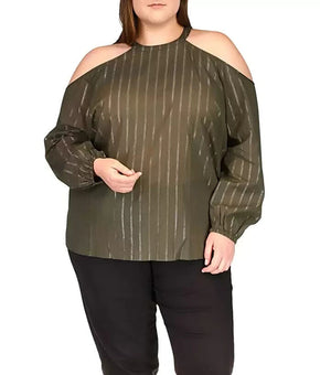 Michael Kors Metallic-Stripe Cold-Shoulder Top Green Plus Size 4X MSRP $88