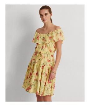 Ralph Lauren Yellow Ruffled Elastic Floral Flutter Dress Size 14 MSRP $145