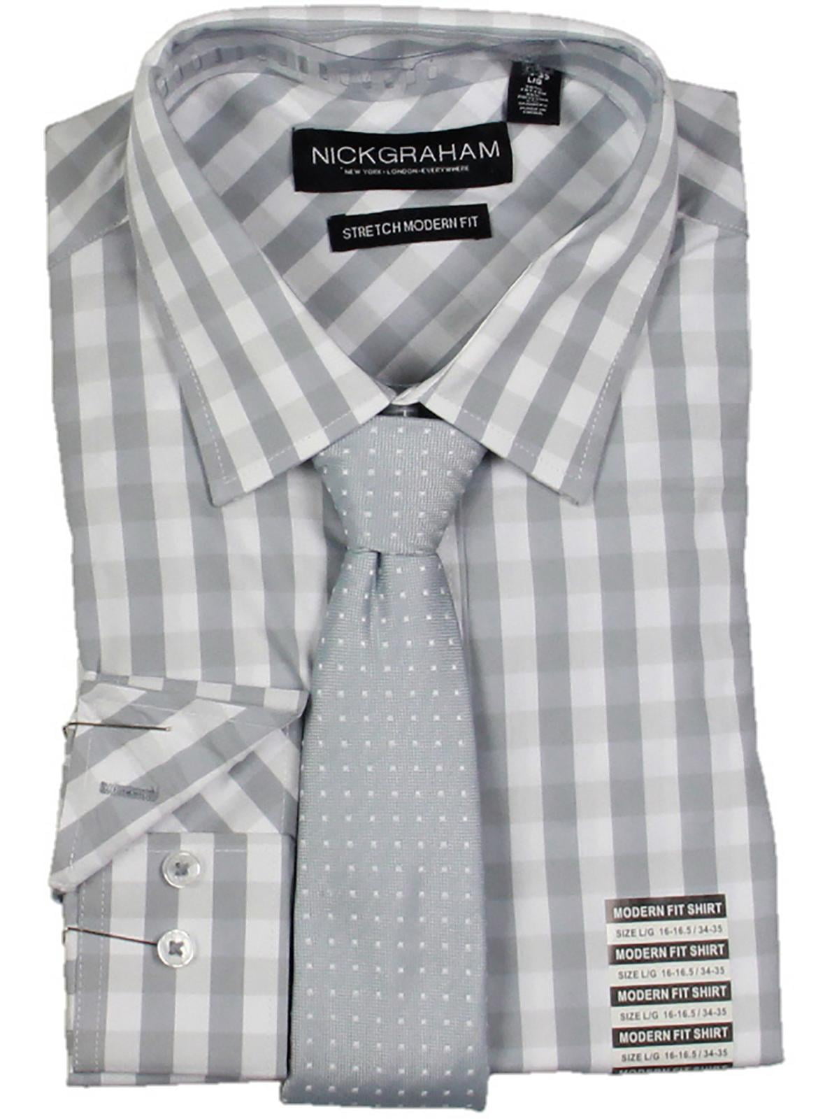 Nick Graham Mens Check Print Modern Fit Dress Shirt Gray Size 15.5 32/33