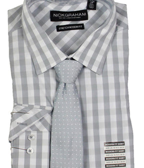 Nick Graham Mens Check Print Modern Fit Dress Shirt Gray Size 15.5 32/33