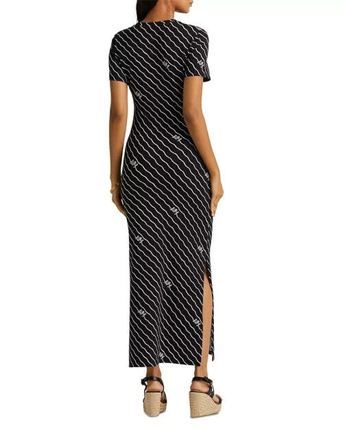 Lauren Ralph Lauren Women's Black Monogram Printed Side Slit Dress Size XL $125