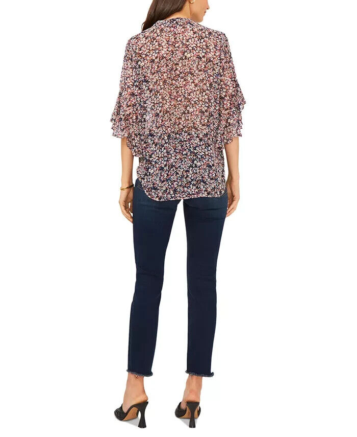 VINCE CAMUTO Fresh Blooms Printed Flutter-Sleeve Top Blue Pink Size L MSRP $79