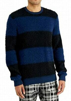 INC Mens Sweater Black Fuzzy Knit Rugby Stripe Pullover Blue Size L MSRP $70