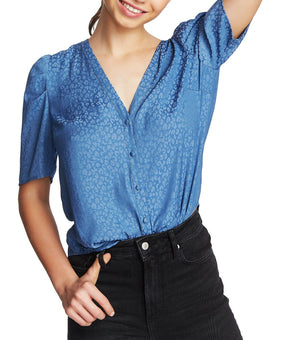 1.STATE Women Leopard-Print Puff-Sleeve Shirt Ash Blue Size XL