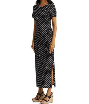 Lauren Ralph Lauren Women's Black Monogram Printed Side Slit Dress Size XS $125
