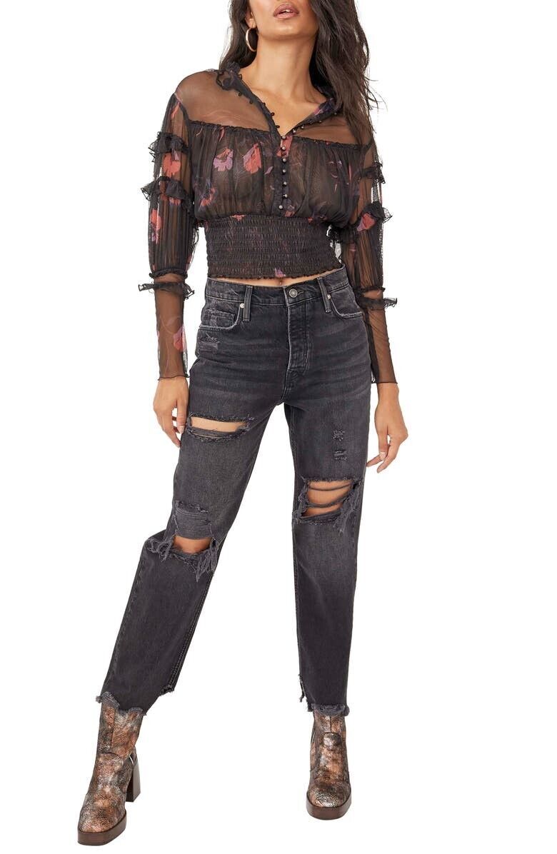 Free People Distressed Tapered Baggy Boyfriend Jeans Black Size 27 MSRP $98