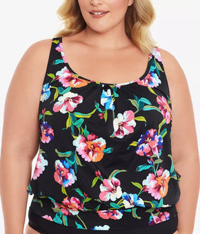 SWIM SOLUTIONS Plus Size Study Shirred Neck Underwire Tankini Top Black Size 18W