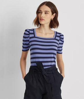 Lauren Ralph Lauren Striped Puff-Sleeve T-Shirt Blue Lochfrench Navy Size S $80