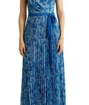 Lauren Ralph Lauren Womens Floral Pleated Georgette Gown Blue Size 12 MSRP $240