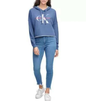 Calvin Klein Jeans Logo Hooded Cropped Sweatshirt Blue Size M MSRP $60