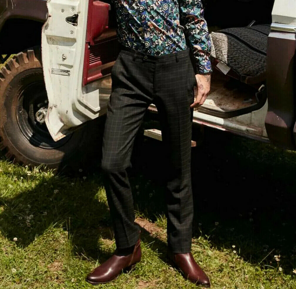 Paisley & Gray Men Limited Edition Check Slim Fit Pants Dark Green Brown 34x32