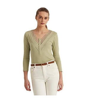 RALPH LAUREN Womens Green Lace 5 Button Placket V Top Green Size XL MSRP $80
