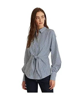 Lauren Ralph Lauren Tie-Front Cotton Broadcloth Shirt Blue White Size M MSRP $99