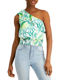 Bar Iii Printed One-Shoulder Top Women's green Size L MSRP $45