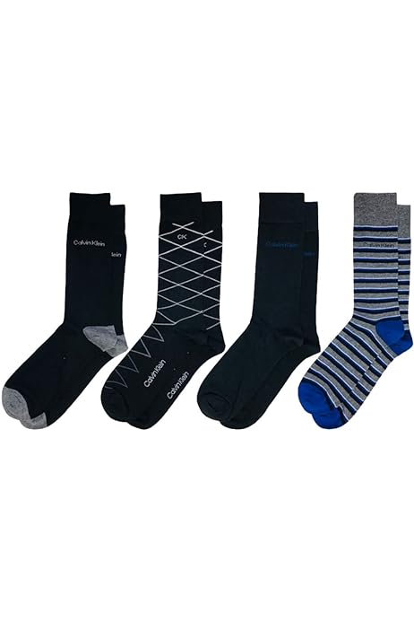 Calvin Klein Men's 4 Pack Multi Pattern Dress Crew Socks Black Size Regular