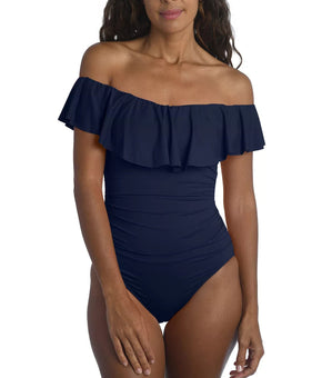 LA BLANCA Island Goddess Off-Shoulder Tummy-Control Swimsuit Blue Size 16 $130