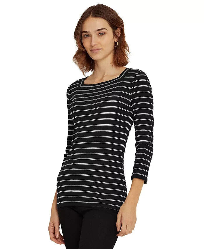 LAUREN RALPH LAUREN Square Neck Top Black White Striped Size XXL MSRP $50