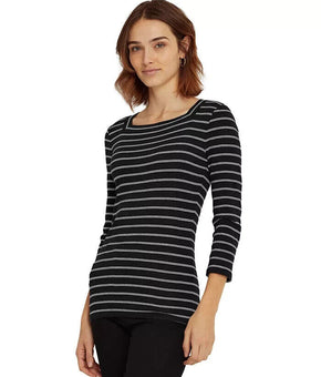 LAUREN RALPH LAUREN Square Neck Top Black White Striped Size XXL MSRP $50