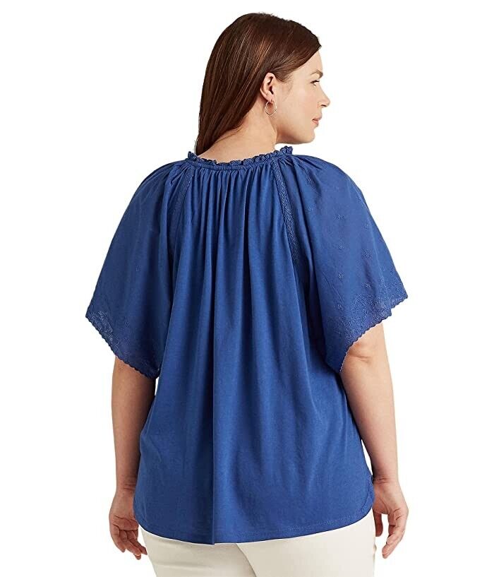 Lauren Ralph Lauren Eyelet Jersey Flutter-Sleeve Top Blue Plus Size 3X MSRP $125