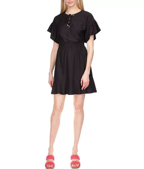 MICHAEL KORS Lace-Up Ruffled Mini Dress Black Size S MSRP $140