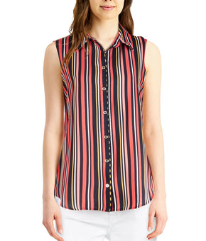 Tommy Hilfiger Women Stripe Scallop-Trim Sleeveless Shirt Pink Navy Combo Size M