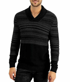 INC Mens Sweater Black Size XL Stripe Shawl Collar Knit Pullover MSRP $70