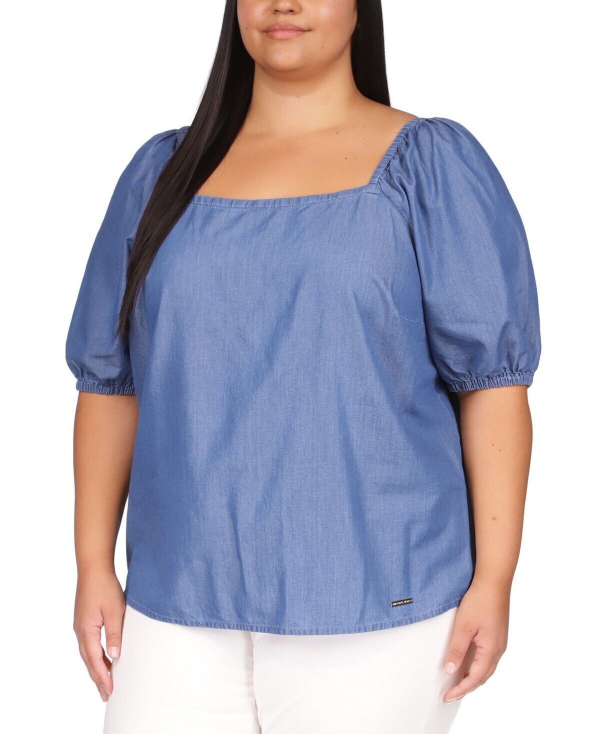 Michael Kors Square-Neck Puff-Sleeve Top Blue Plus Size 3X MSRP $98