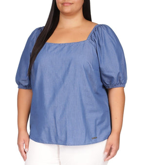 Michael Kors Square-Neck Puff-Sleeve Top Blue Plus Size 3X MSRP $98